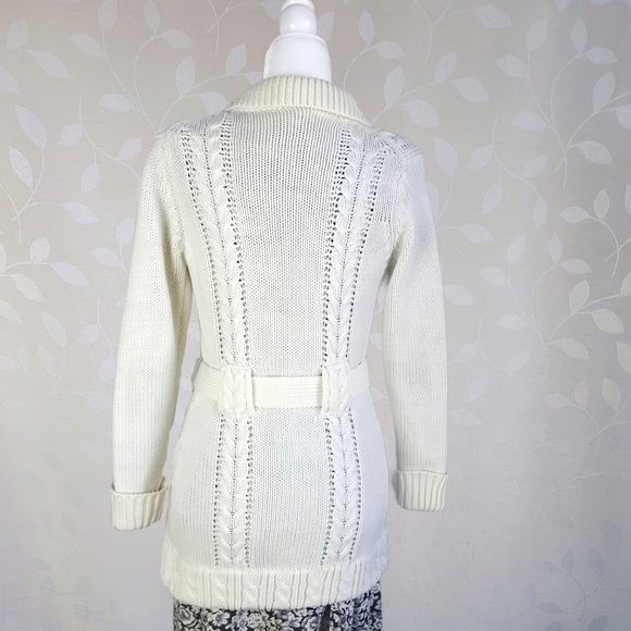 Vintage Cable Knit Belted Collared Button Front Long Cardigan Dayne Taylor Cream - Picture 11 of 15